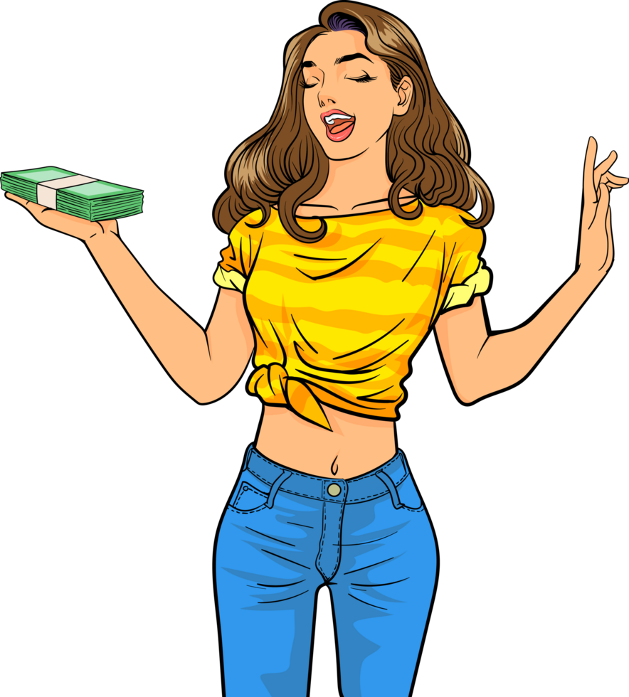 A young girl in a t-shirt tied at the hem of her jeans is cheerful and happy with a large sum of money in her hand. png