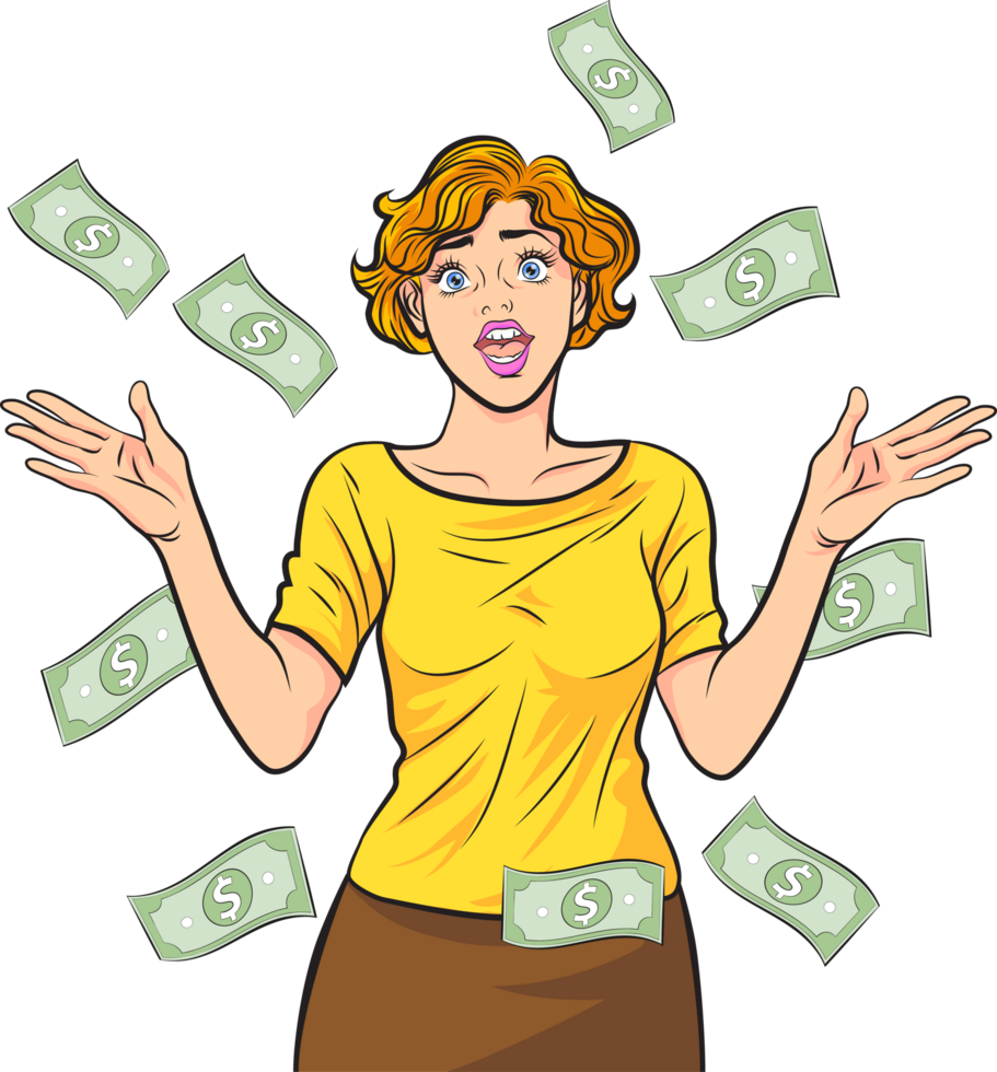 An older woman dressed simply stood there, shocked by the scattered banknotes. png