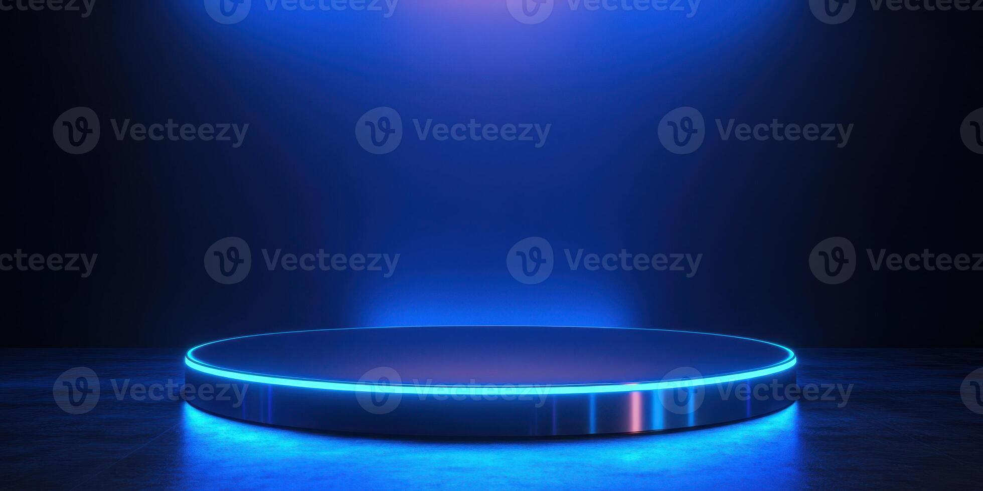 Bright circular stage illuminated with blue light in a dark setting suitable for performances and events photo