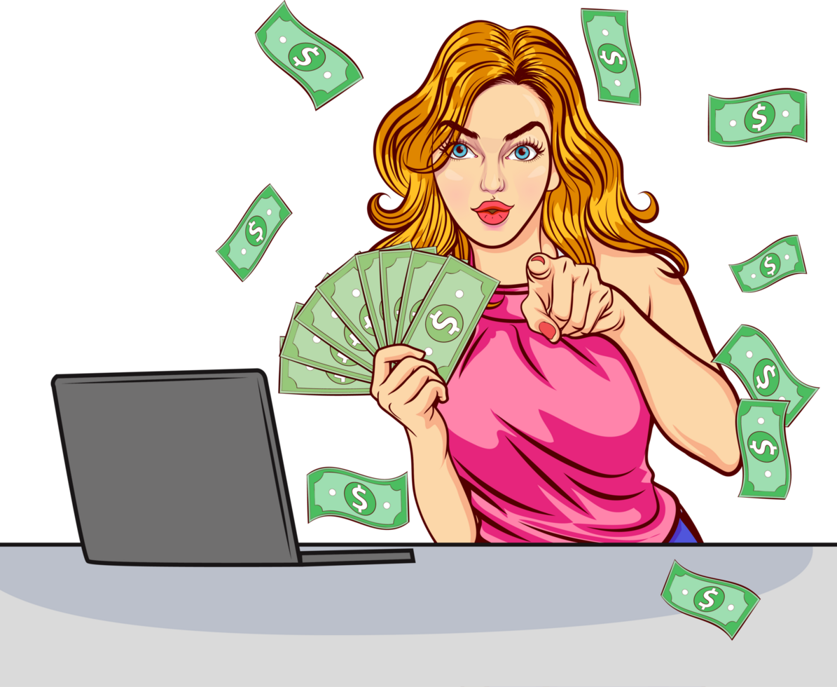 A sharp-featured businesswoman sits at her desk holding a large sum of money with a confident expression on her face. png