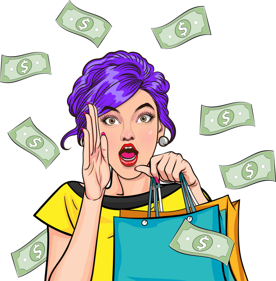 A purple-haired shopper girl holding a full hand of shopping bags is sending news about a sale. png