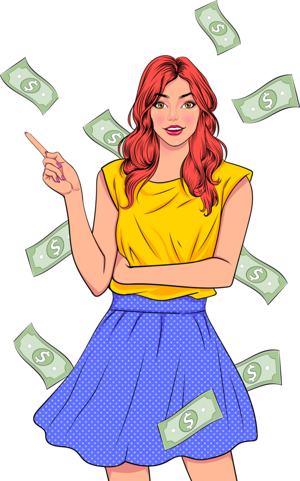 A long-haired teenage girl crosses her arms and points with a smiling face, while money is scattered down. png