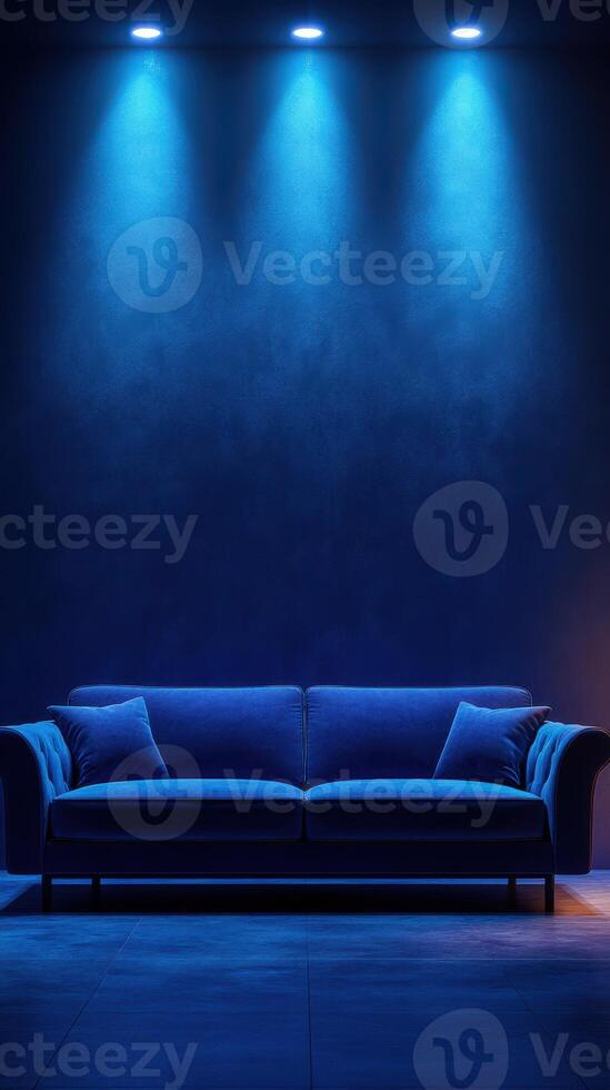 Modern blue sofa in a dimly lit room with blue lighting creating a serene atmosphere during evening hours photo