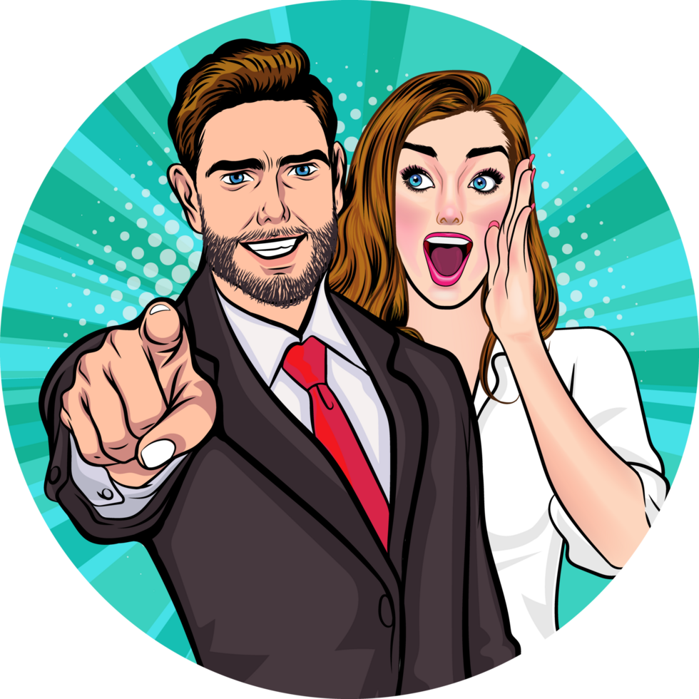 A dignified executive in a suit is pointing his finger forward confidently with his secretary behind him. png