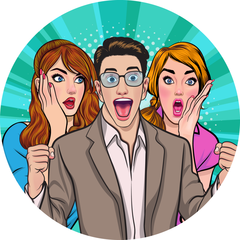 A comic-style man and woman discuss a business that is about to launch. png