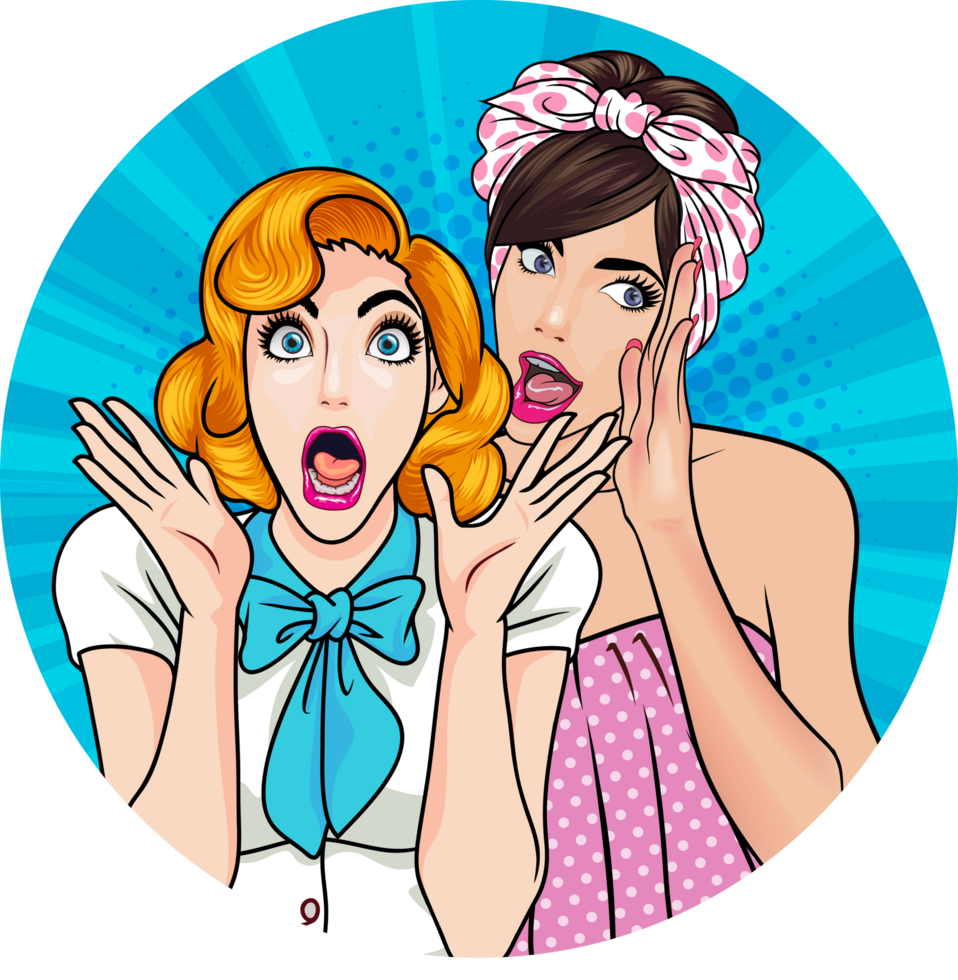 Mysterious whisper between two glamorous women in retro pop art. png