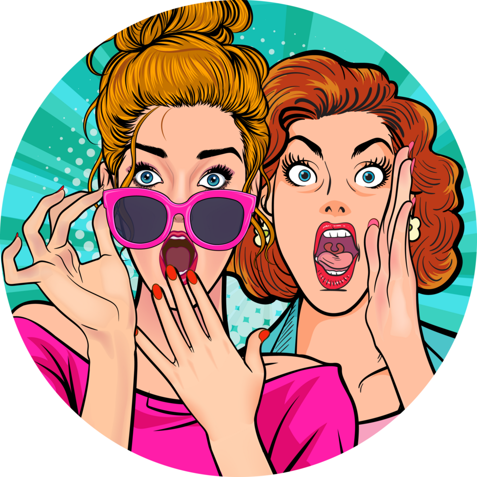 Close-up of two women in pop art style sharing a scandalous secret. png