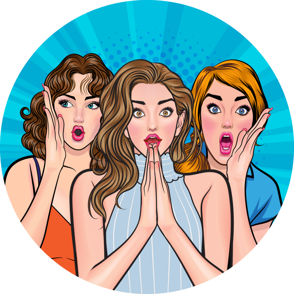 Playful pop art girls sharing friendship secrets with expressive emotions. png