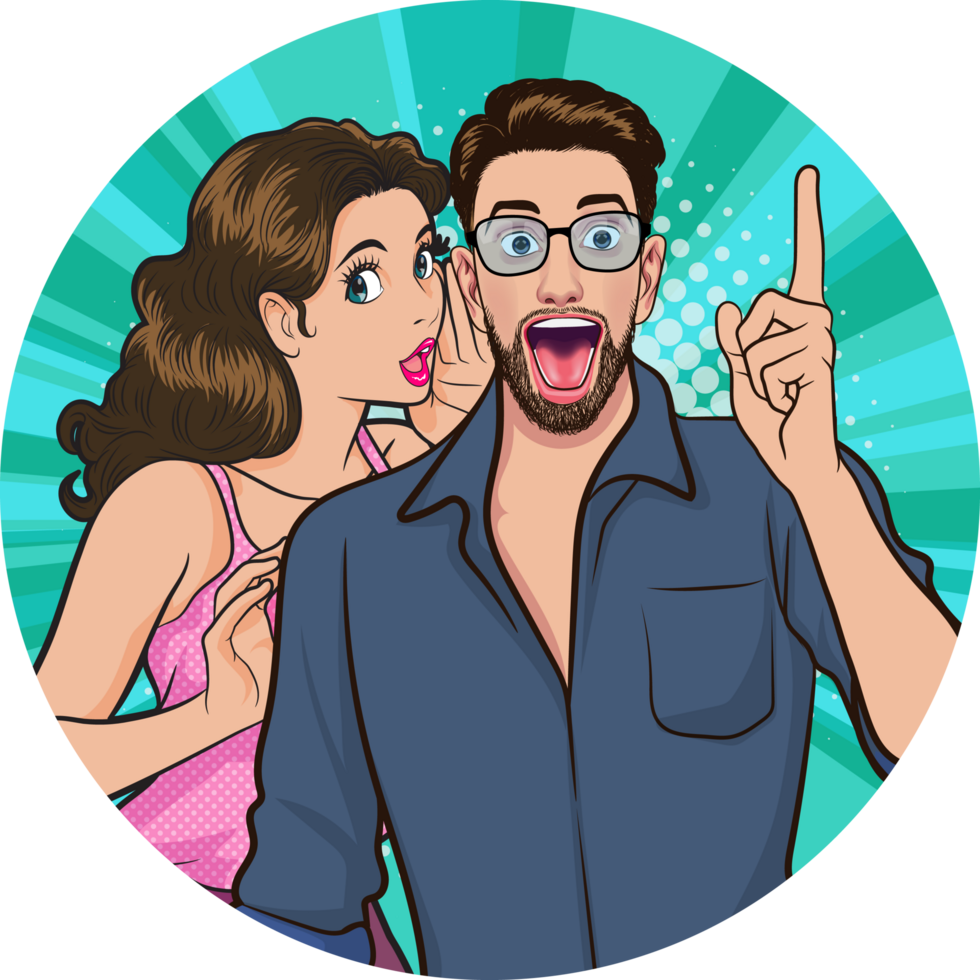 A young man wearing glasses raises his index finger, smiling and ready to fight with his work, while a young woman whispers. png