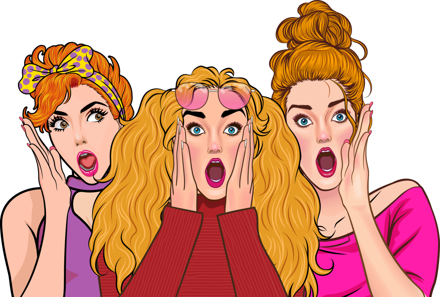 The young woman held her face in her hands in shock when she heard something from her two girlfriends. png