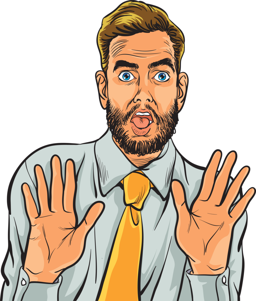 A middle-aged man with a beard and mustache, his face full of shock and worry. png