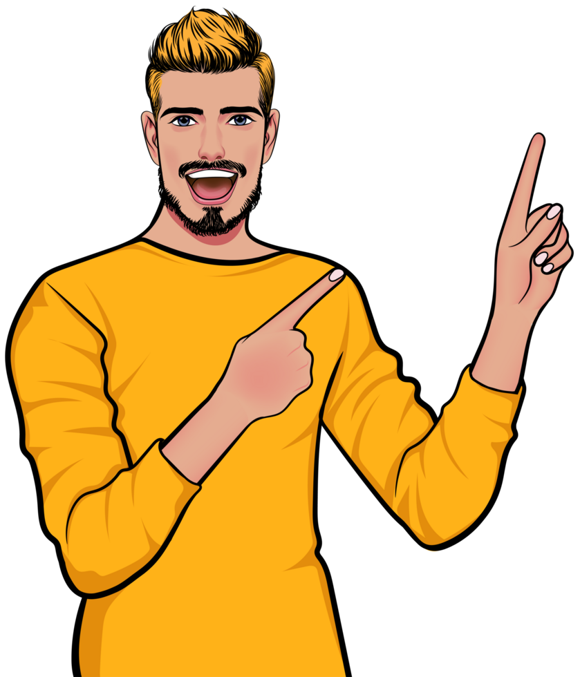 A young man with a cool beard and unusual hair color points at something with a smiling face. png