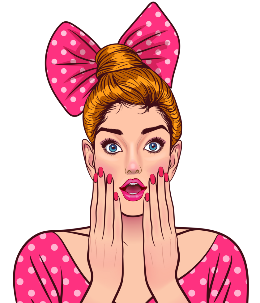 A young girl with a high bun tied with a large, bright bow and a dress of the same color has a look of astonishment on her face. png