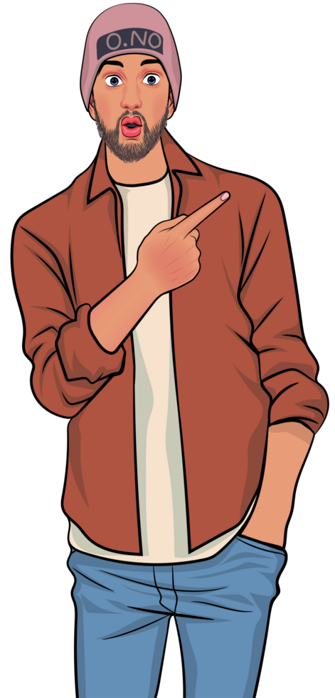 A scruffy young man wearing a woollen hat points at something with a shocked expression. png
