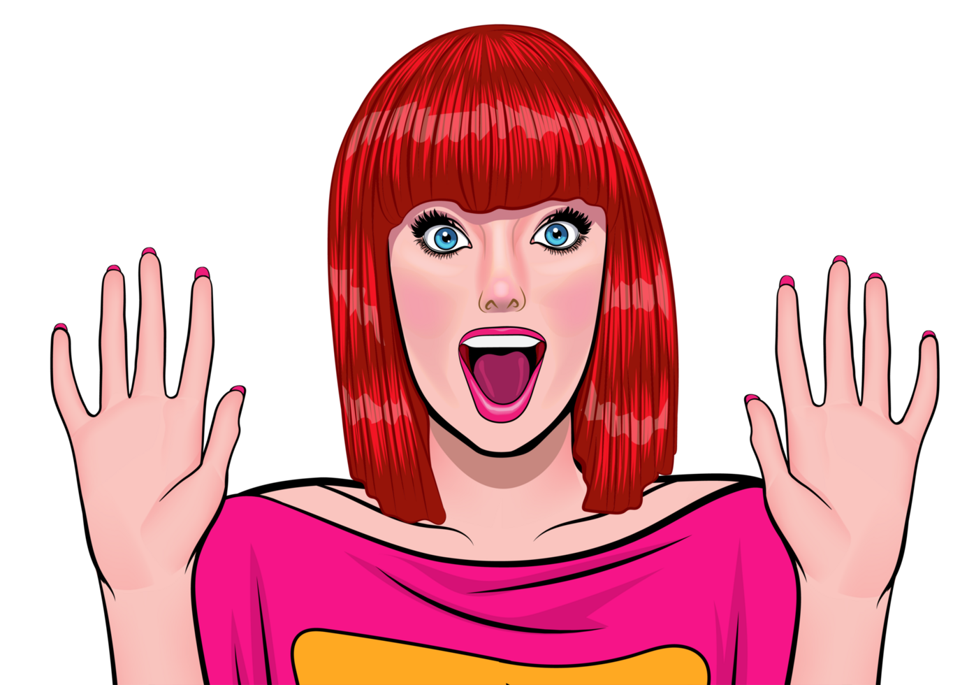 The girl with bright red bob hair looks outstanding, with a cheerful expression and an extremely happy look. png