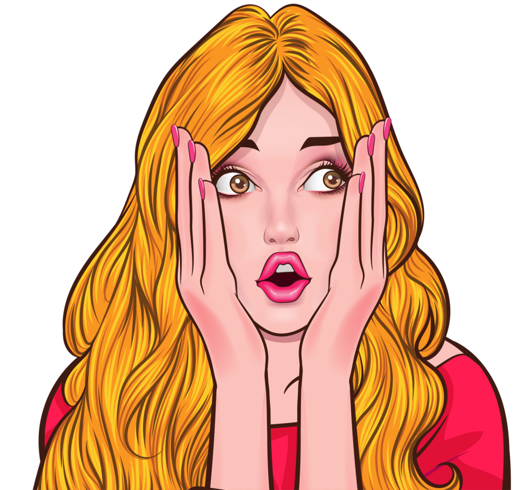 A beautiful girl with long hair in a comic style makes a surprised expression that makes you want to shout wow. png