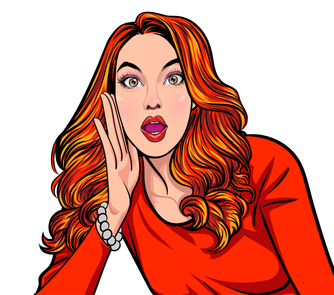 The lady boss has a sharp face, hot highlighted hair, looks luxurious, and has an excited expression and whispers. png