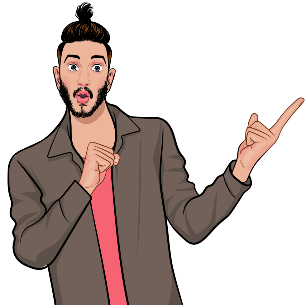 A young man with long hair tied high in a scruffy style has a curious expression on his face and points at something. png