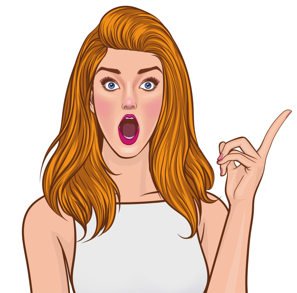 A striking pop art girl shows a shocked expression and points at something. png