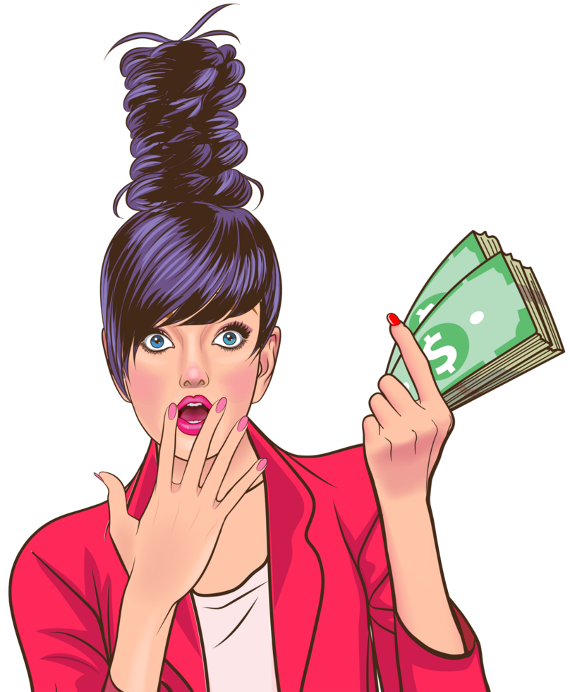 The business owner, a tall and stylish woman with a bun, looked shocked at the large stack of money she was holding in her hands. png