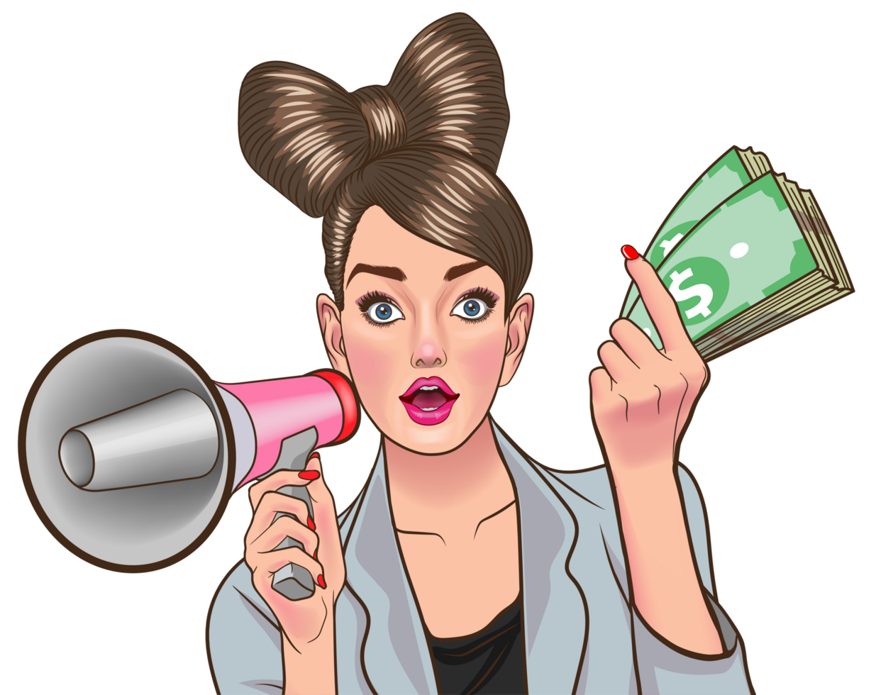 A beautiful woman with a unique high bun in the shape of a bow holding a megaphone and a large stack of money. png
