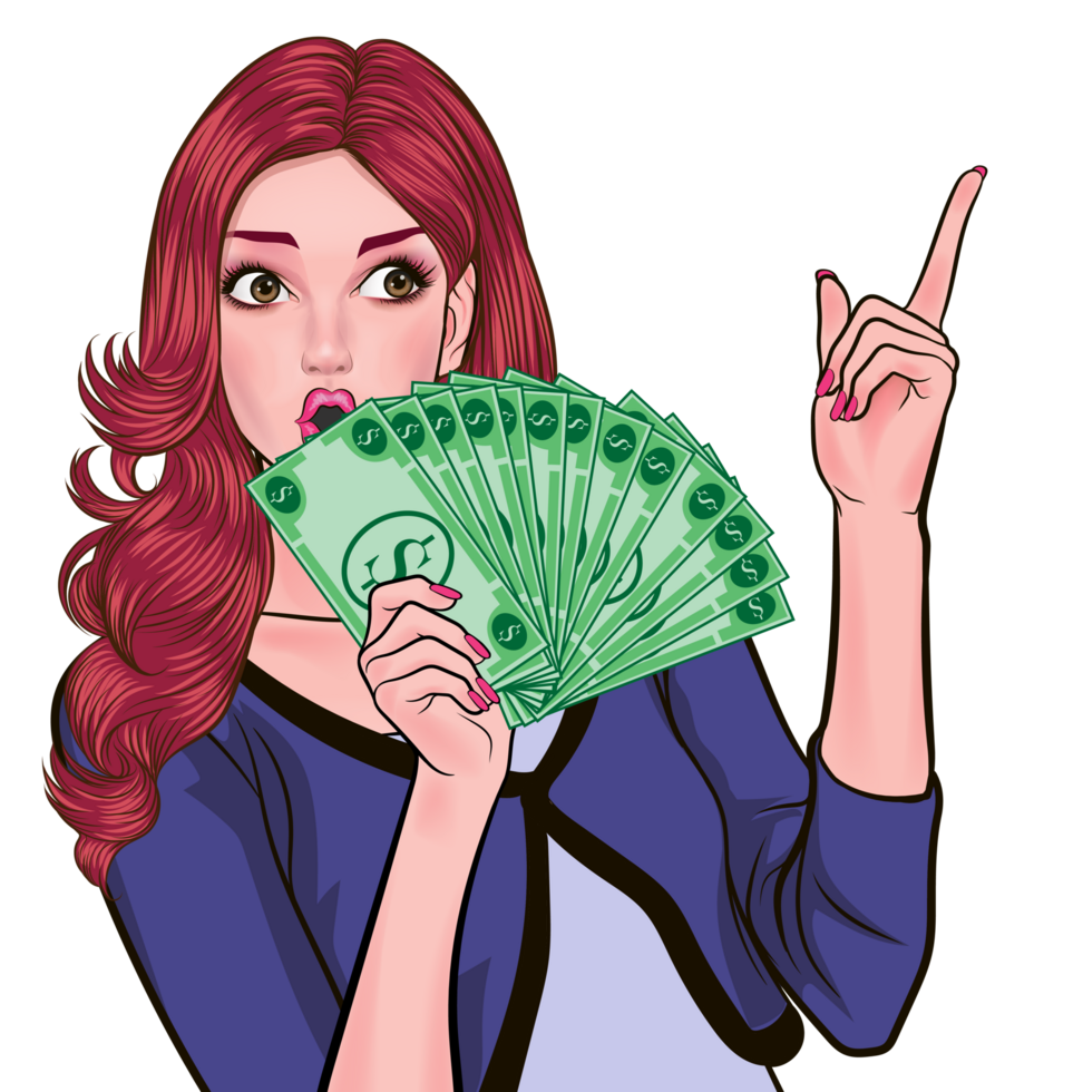 A pop art long-haired young woman holding a large stack of money points at something with interest. png
