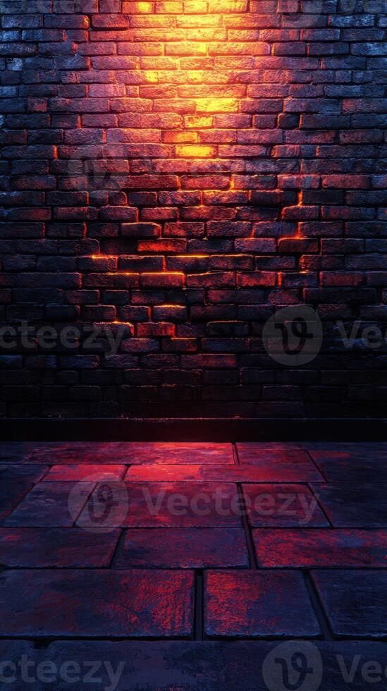 Textured brick wall illuminated by warm red light creating a dramatic atmosphere in an urban setting photo