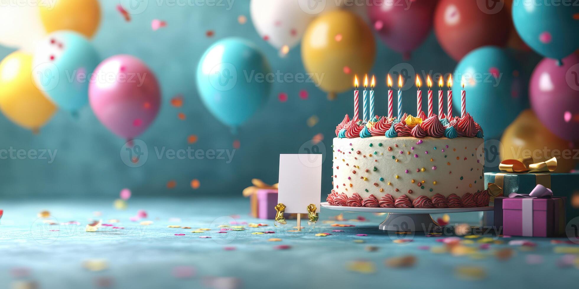 Colorful birthday celebration with cake, balloons, and gifts in a festive setting photo