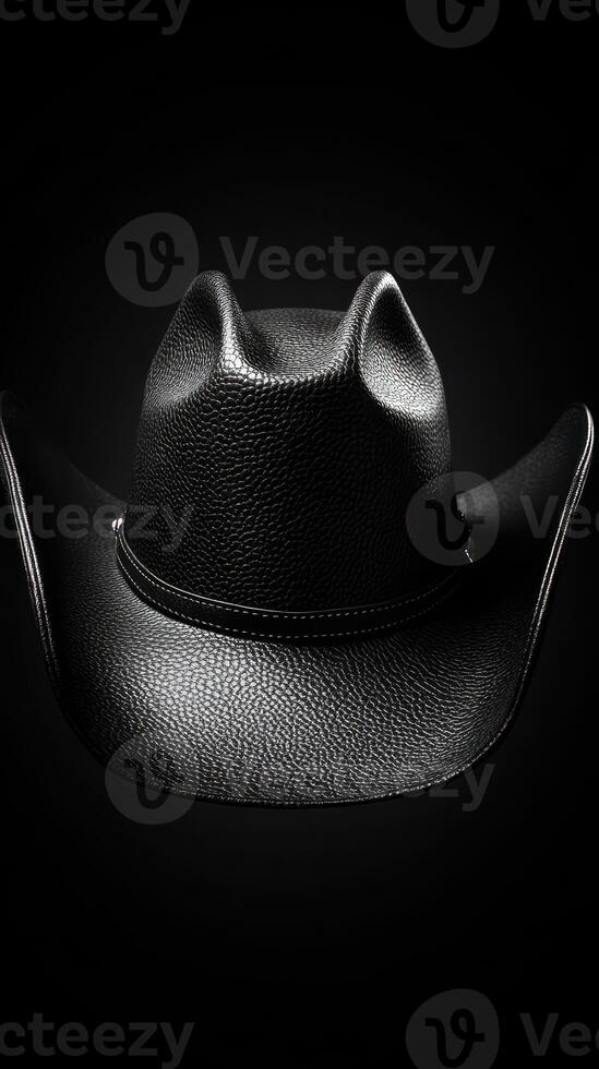Black leather cowboy hat displayed against a contrasting dark background emphasizing its shape and texture photo