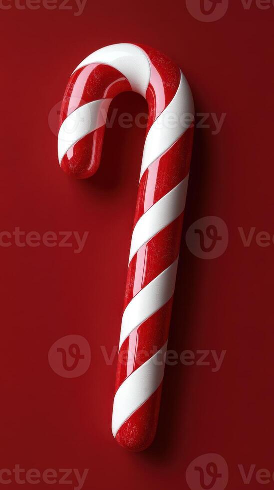 Red and white striped candy cane with glossy finish resting on a red background photo
