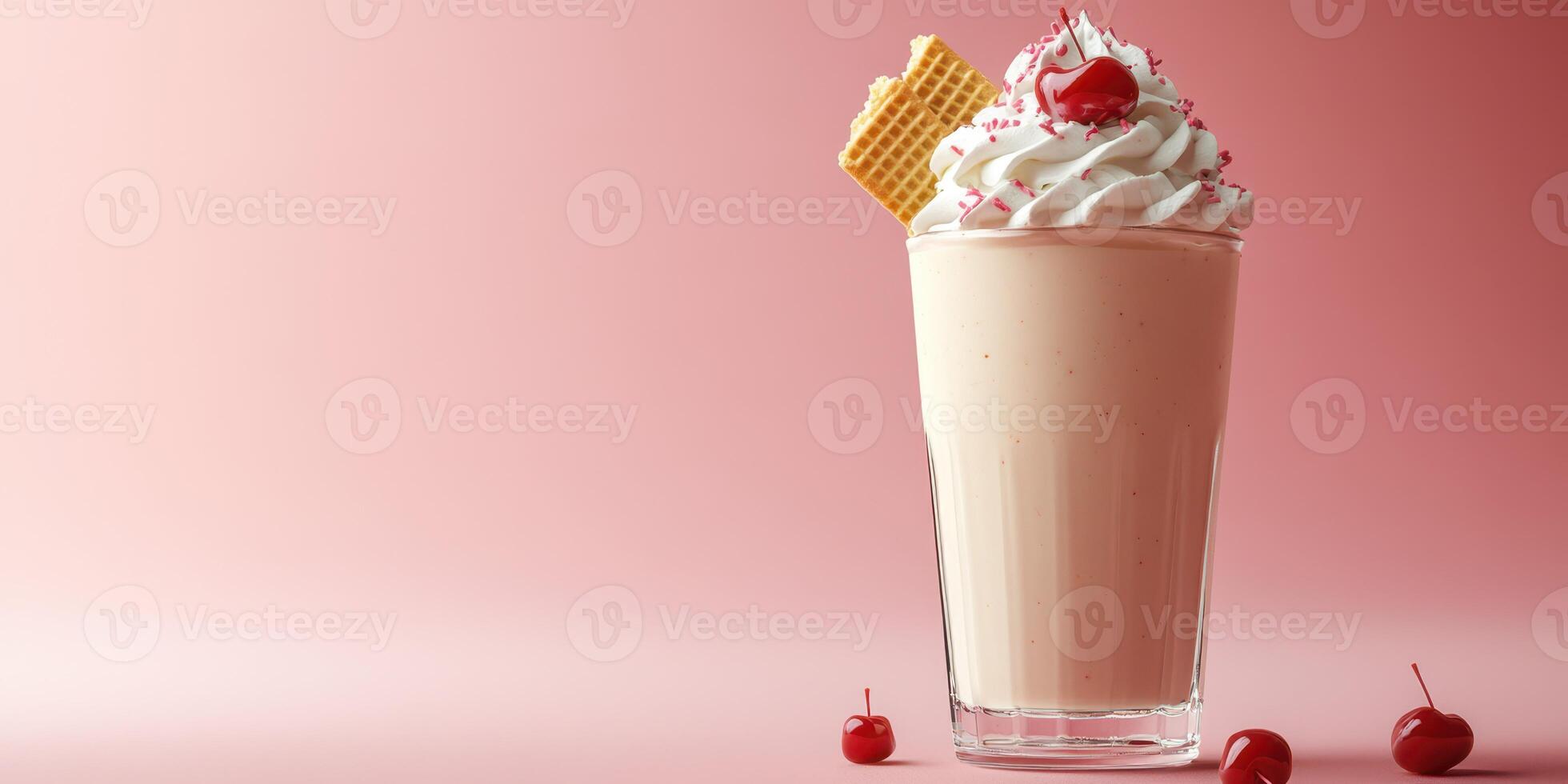 Delicious milkshake topped with whipped cream, cherries, and a wafer in a glass against a pink background photo