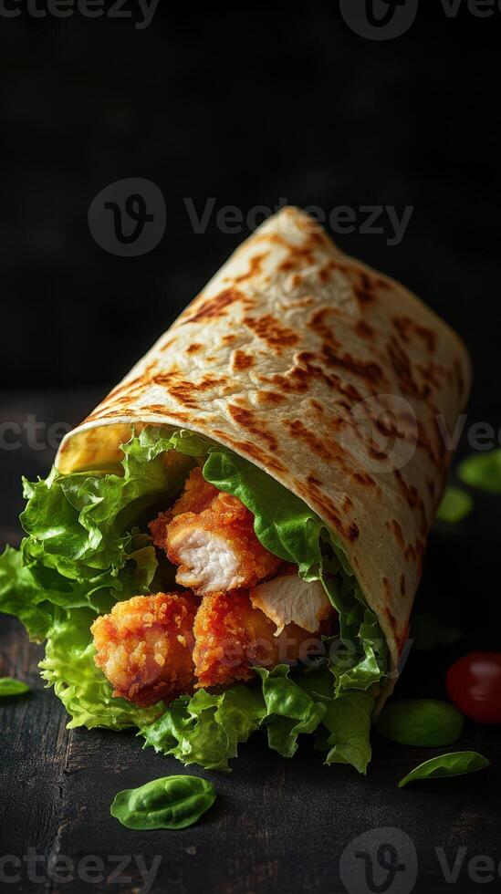 Delicious crispy chicken wrap with fresh lettuce served on a dark wooden table at a casual dining location photo