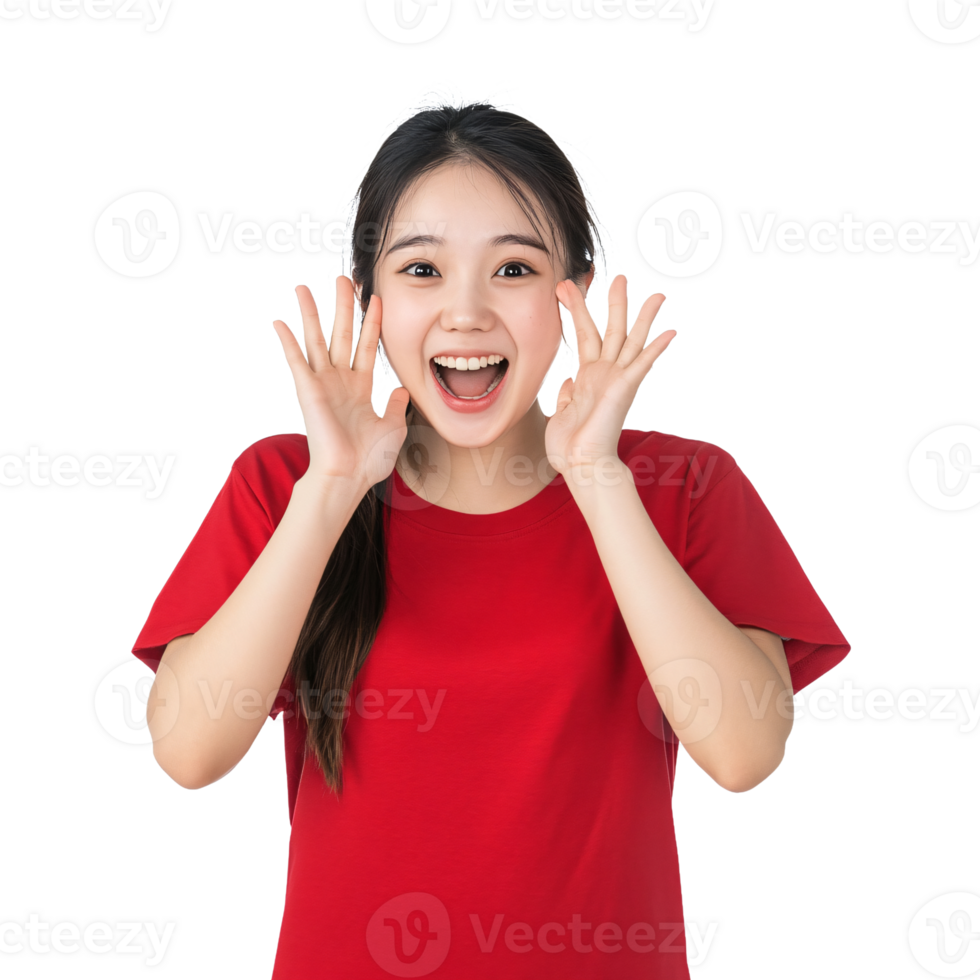 Shocked and laughing expression from a woman in red png
