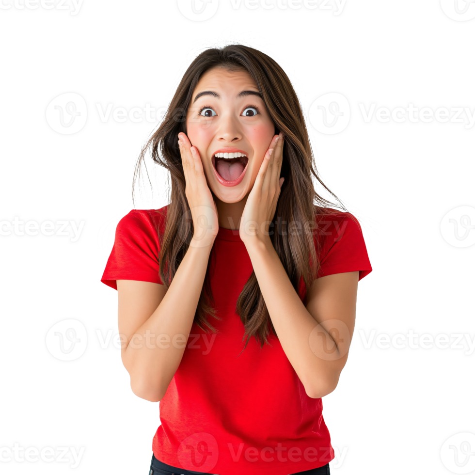 Joyfully shocked expression on a woman in red png