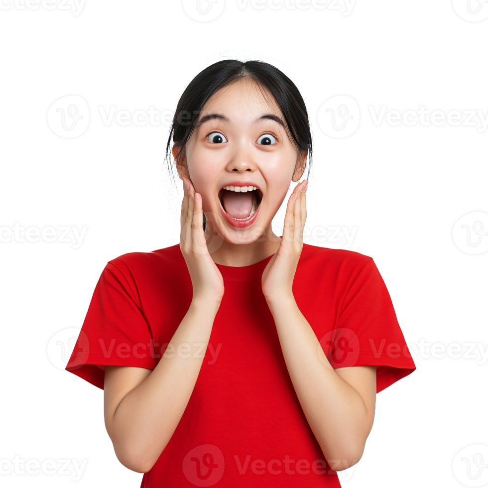Woman in a red top holding her head in amazement png