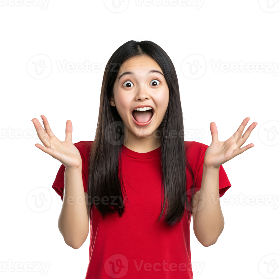 Playfully shocked lady in a red blouse png