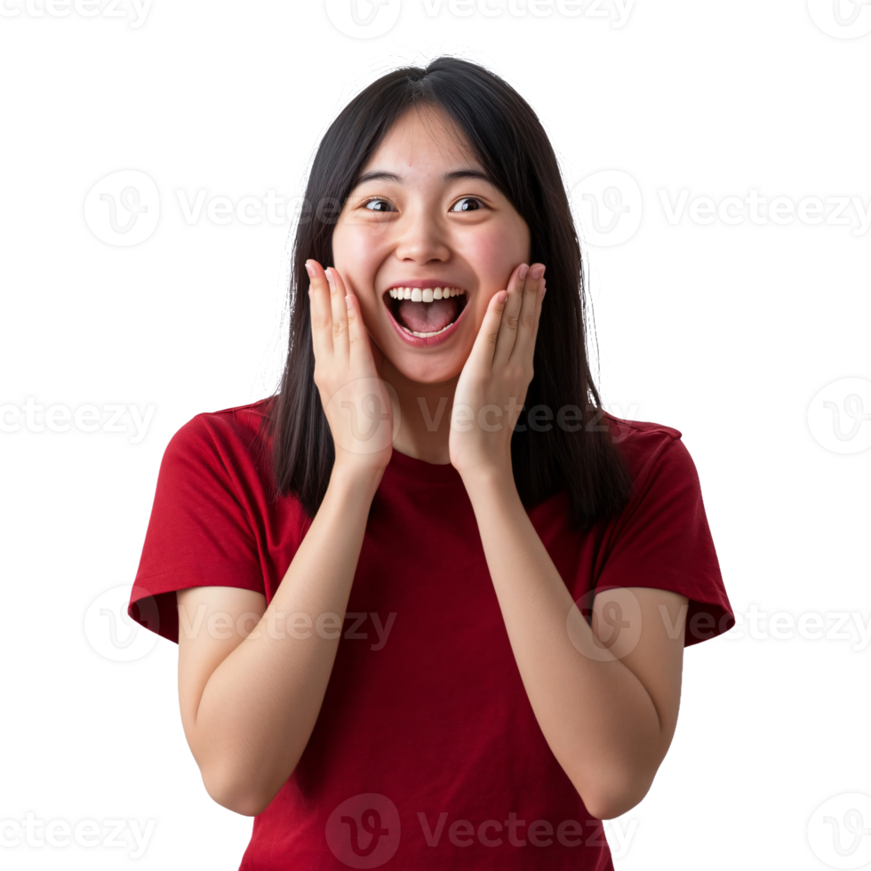 Amazed and playful reaction from a woman in red png