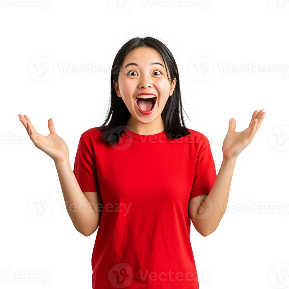 Amazed woman in a red blouse clapping her hands png