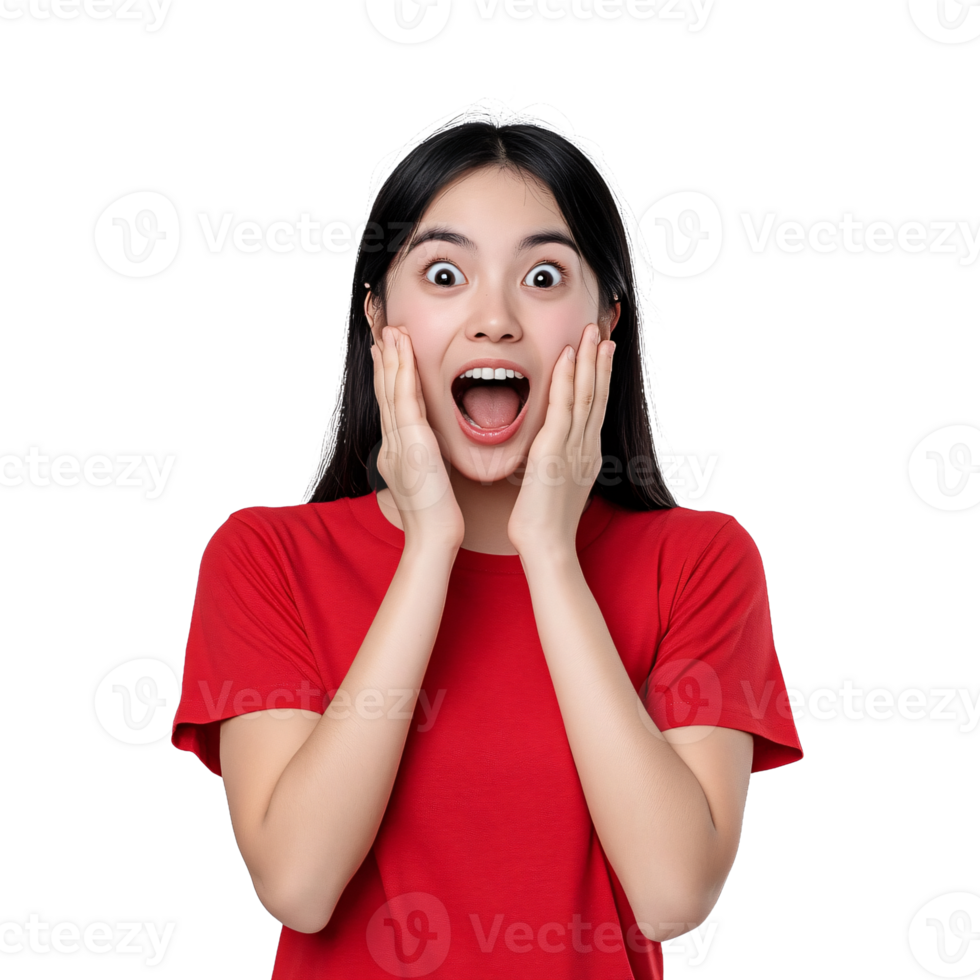 Shocked and happy expression on a woman in red png
