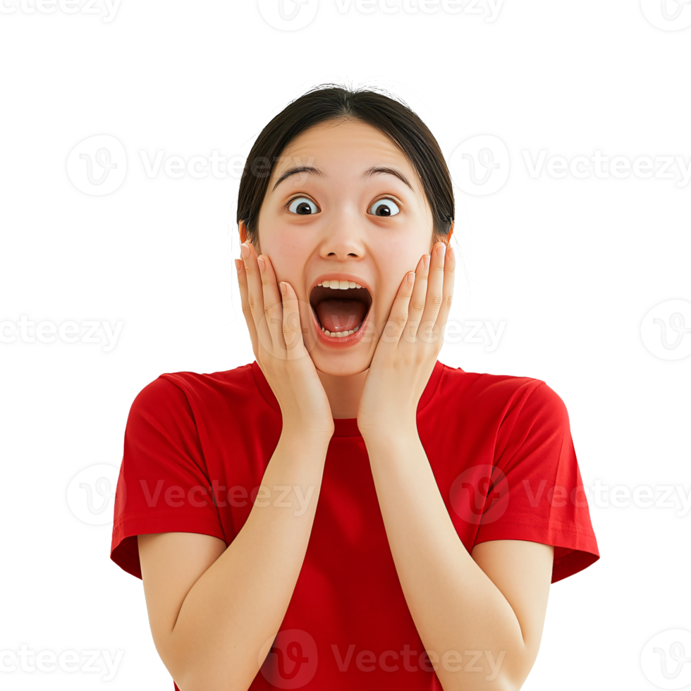 Playful and shocked reaction from a woman in red png