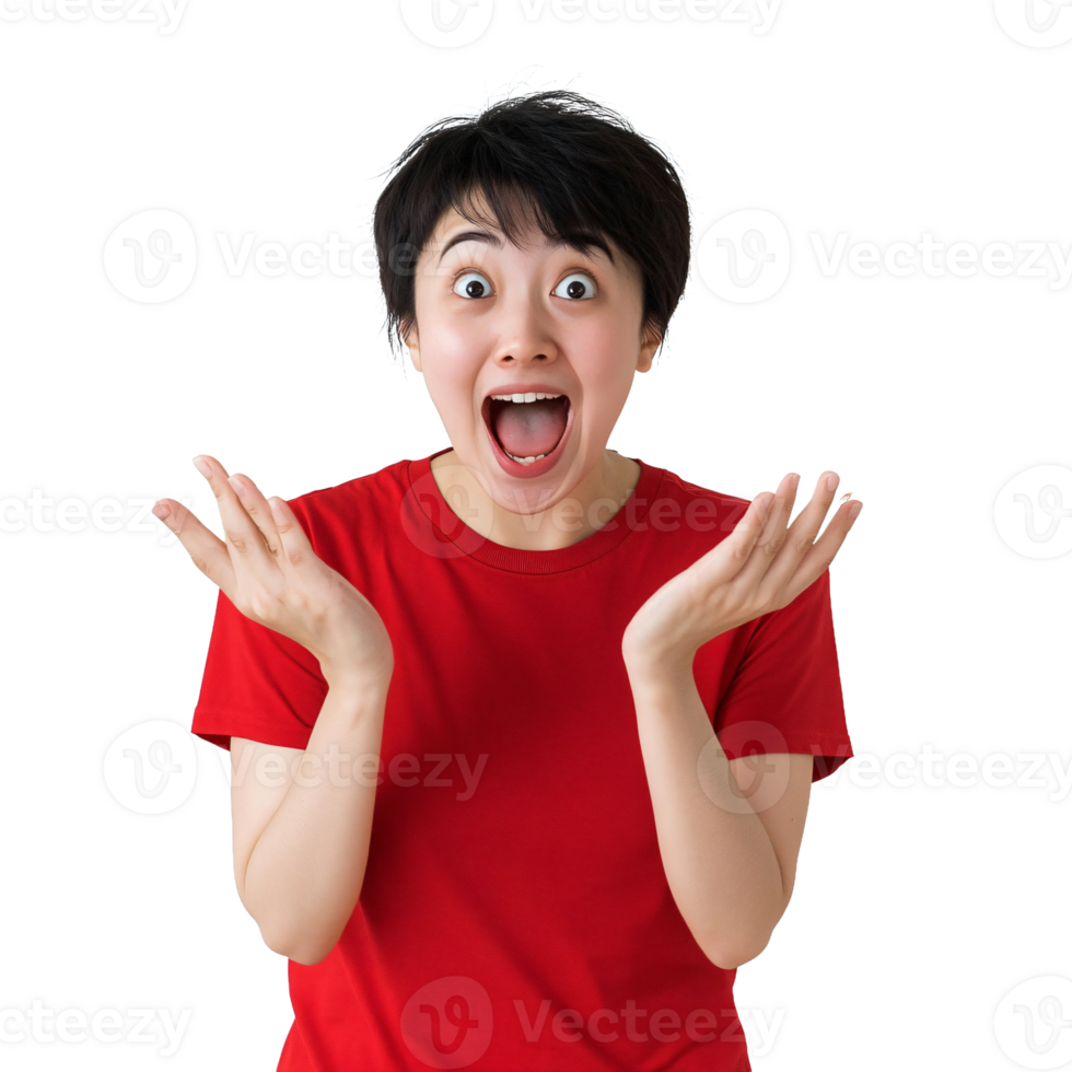Woman in a red blouse laughing in surprise png