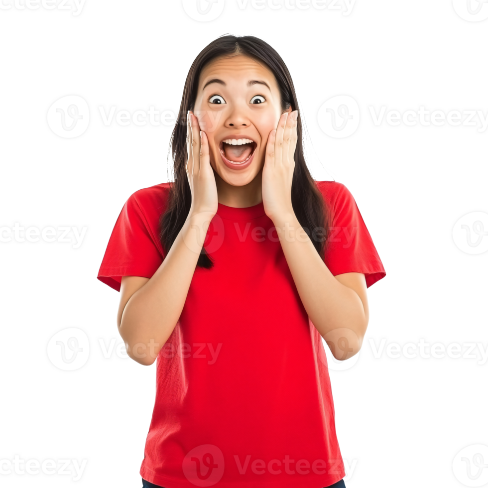 Woman wearing red showing a dramatic reaction png