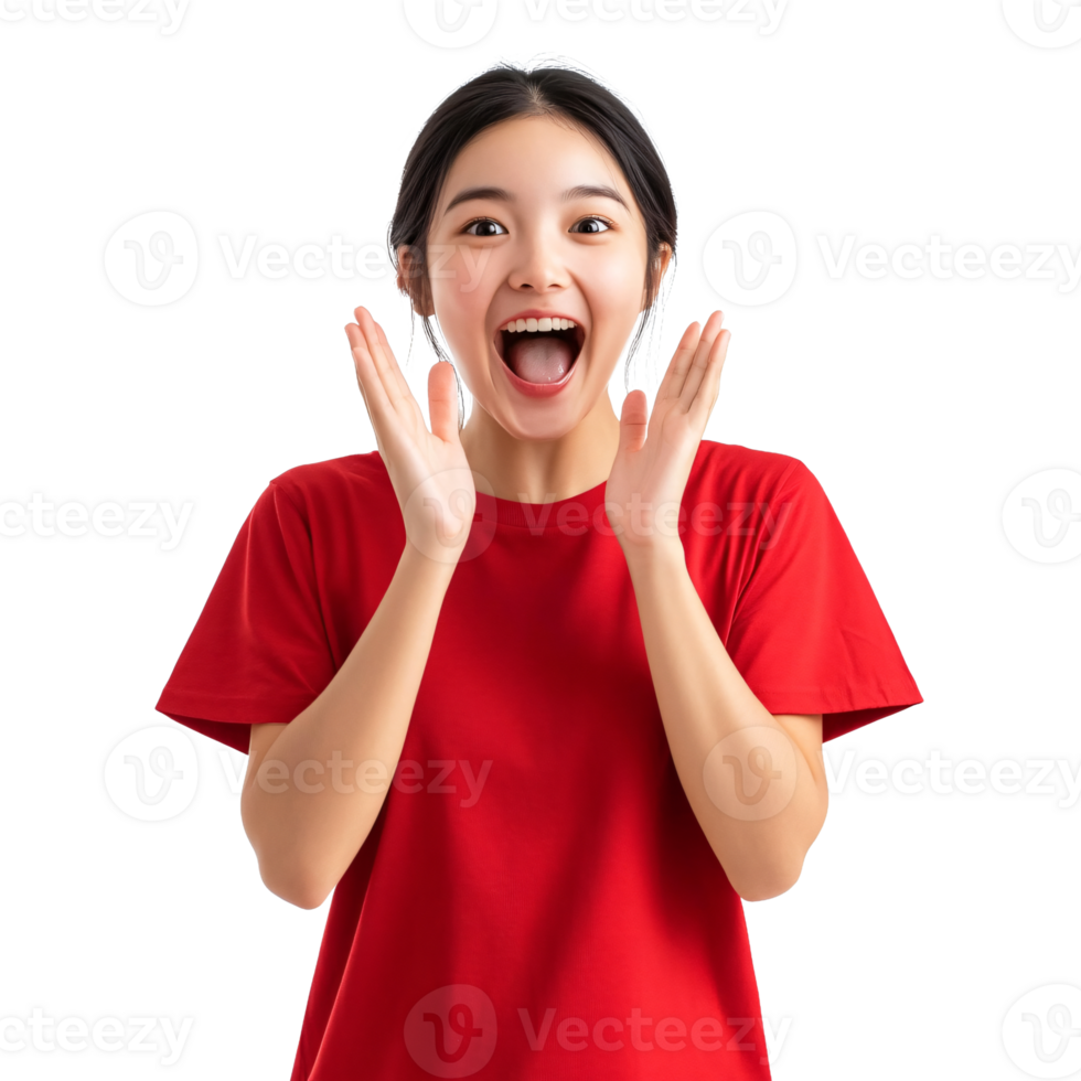 Shocked lady in red, eyes wide open png
