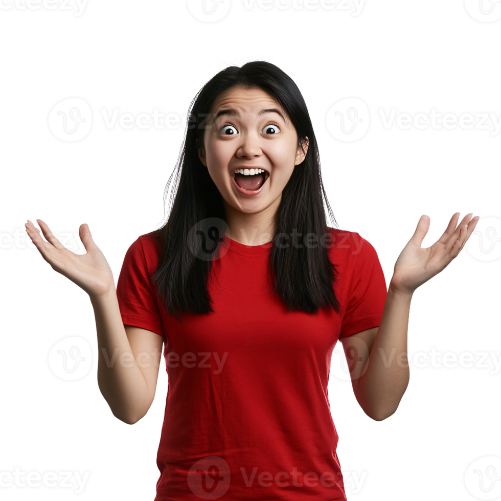 Young woman in a red top showing playful surprise png