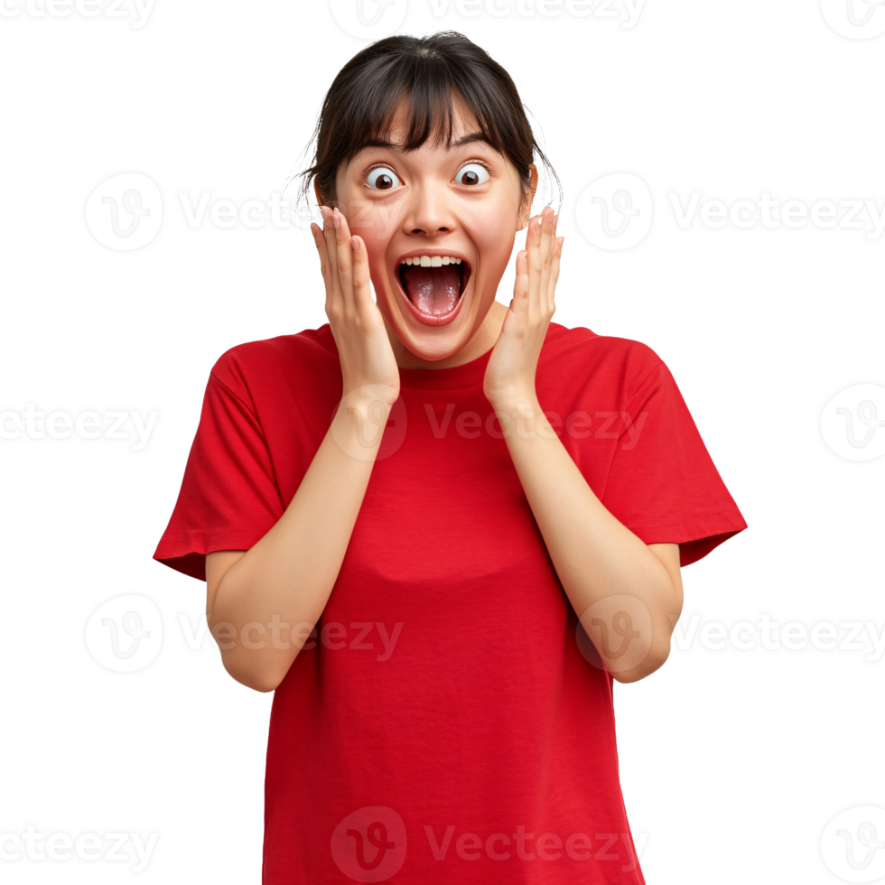 Amazed woman in a red blouse, mouth open png