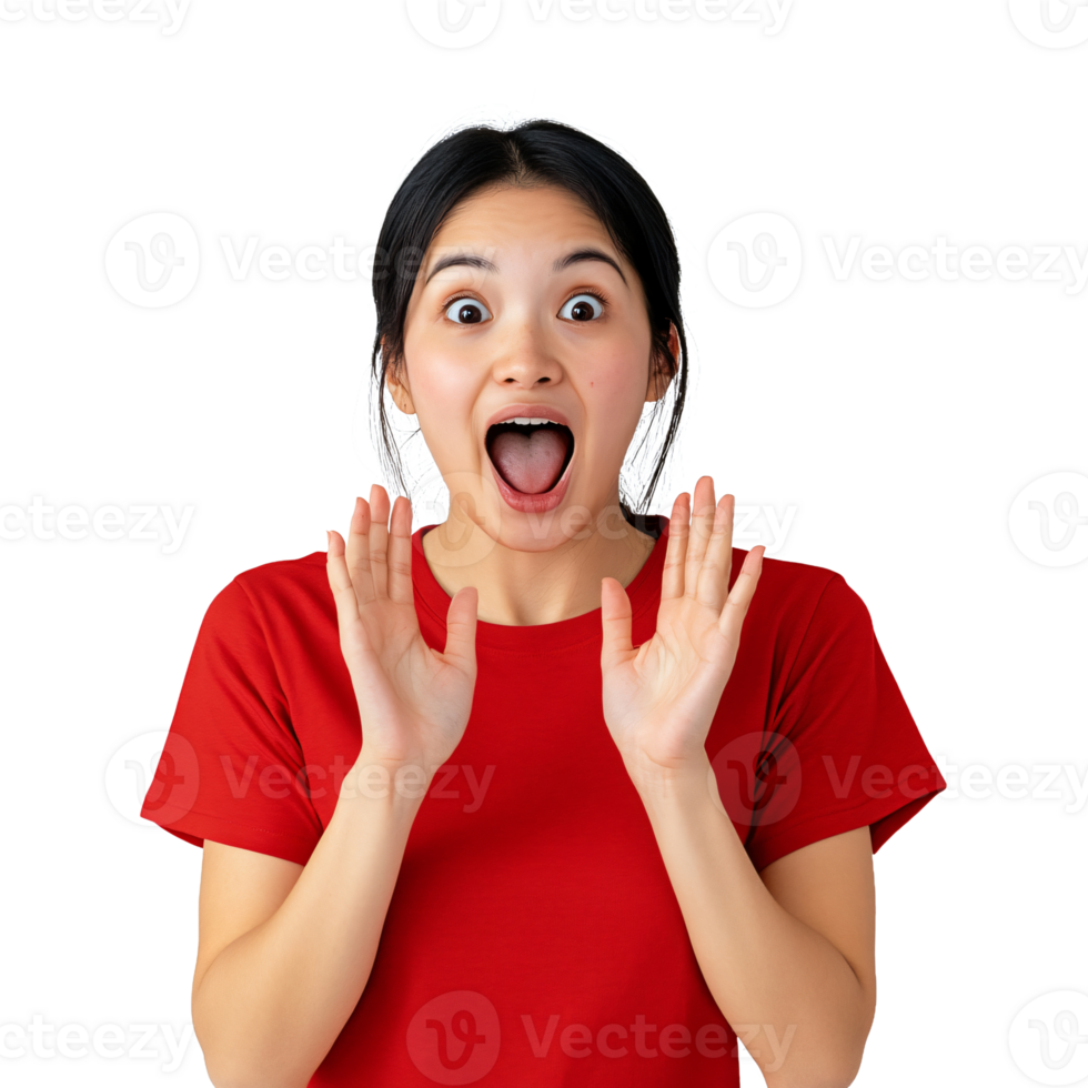 Woman in a red shirt, eyes wide in amazement png