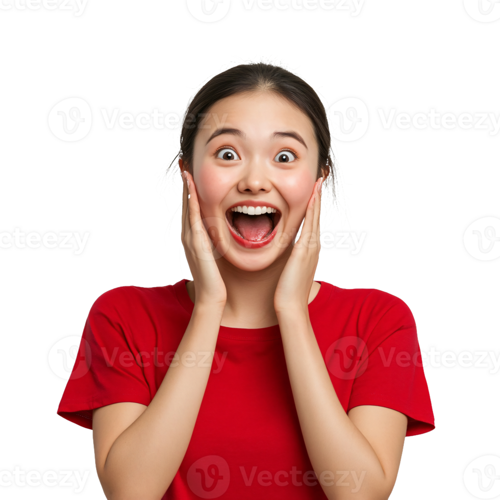 Young woman in red looking at something surprising png