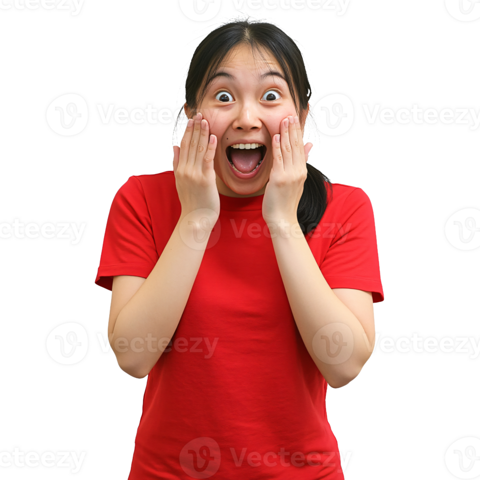 Woman in a red blouse reacting with joy png
