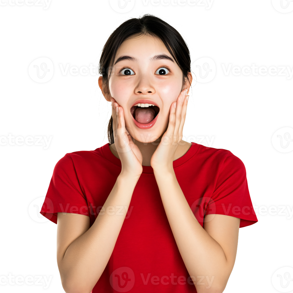 Surprised woman in red hands-on face png