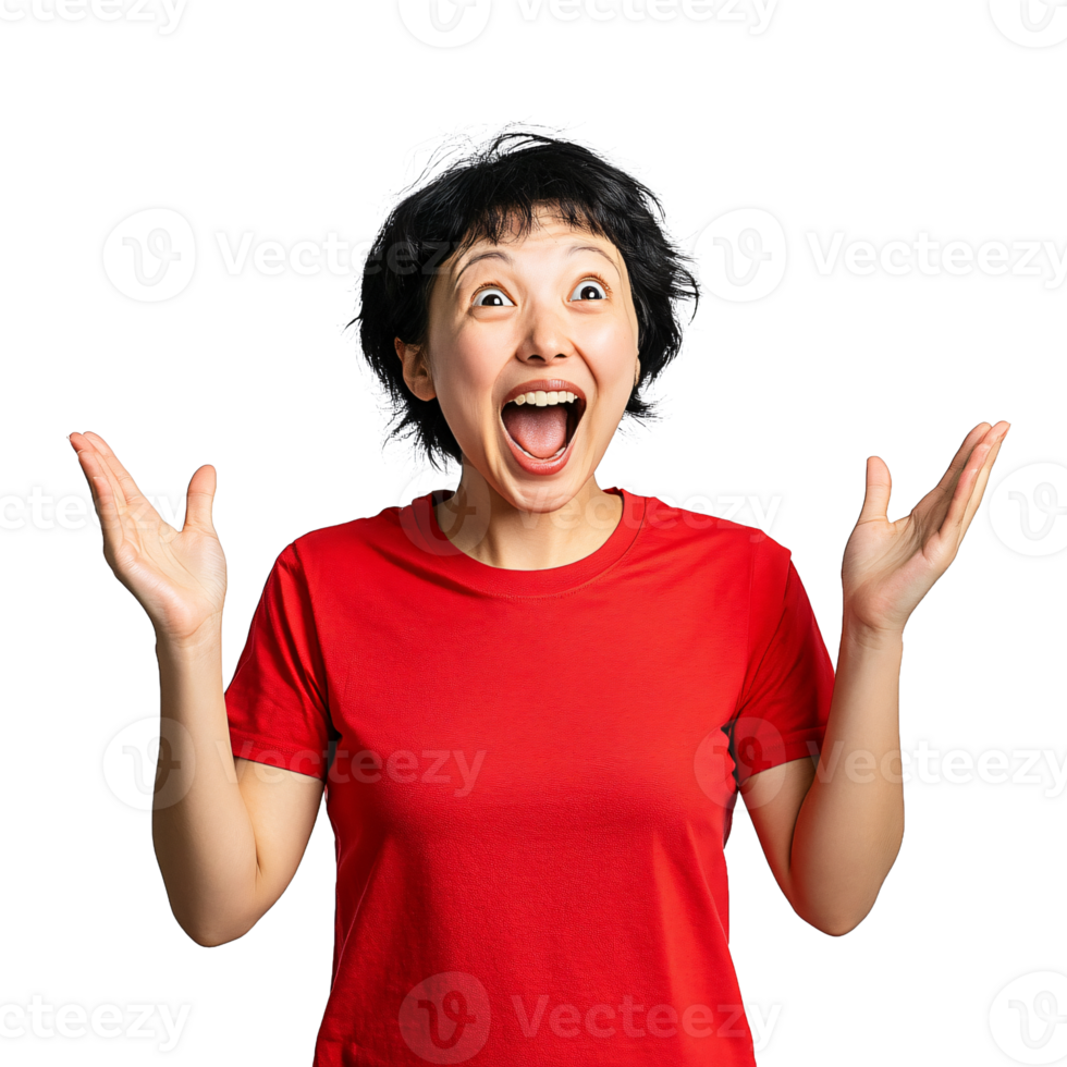 Amazed woman in a red top with big eyes png